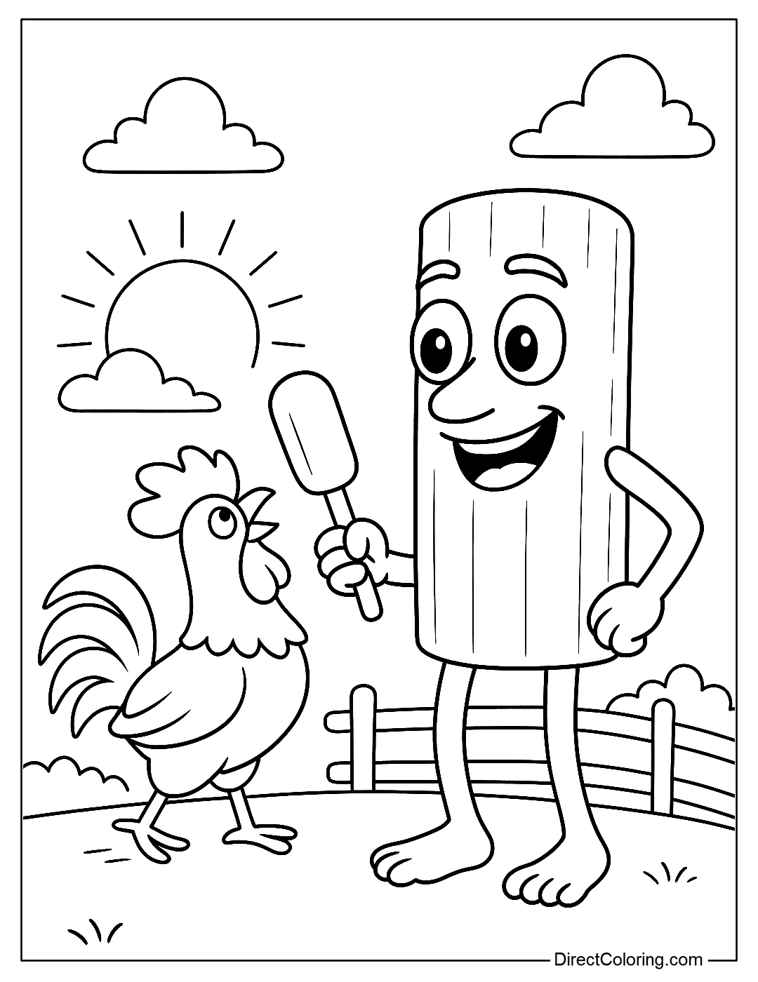 Sahur coloring page wakes up the rooster with a wooden mallet
